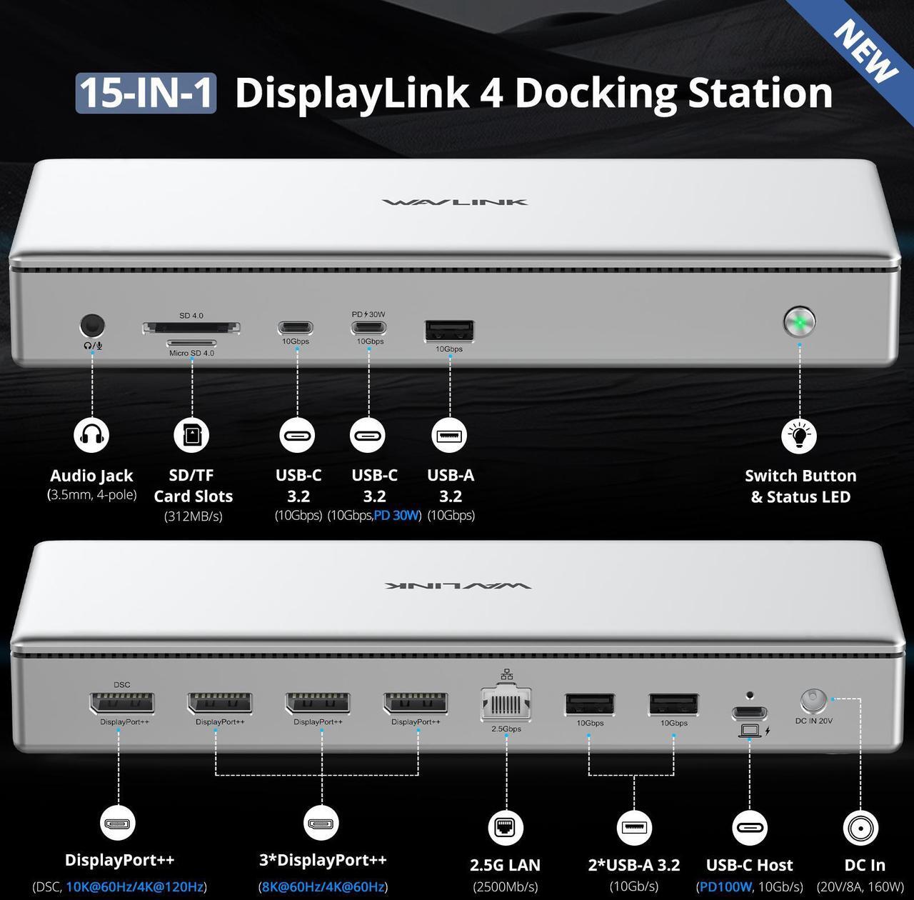 Alt view image 2 of 7 - WAVLINK DL7400 10K USB C Docking Station, DisplayLink Quad 4K Dock for M1/M2/M3 Mac & Windows, 15 in 1 Laptop Dock with 100W Charging, 4xDisplayPort(1.4), 2.5G LAN, USB 3.2-A/C
