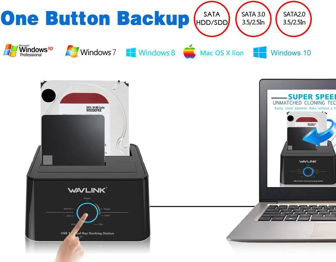 Alt view image 2 of 7 - Wavlink 12TB USB 3.0 Dual Bay External Hard Drive Docking Station Duplicator/Clone Functio for 2.5" 3.5" SATA HDD/SSD Hard Drive Enclosure 5Gbps Transmission Rates Offline Clone and One Button Backup