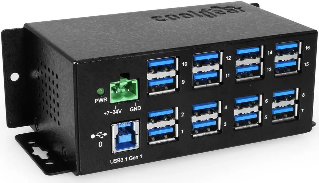 Alt view image 4 of 7 - Coolgear Industrial 16 Port USB 3.2 Hub with 5Gbps Speed, Surge Protection & Mounting Options