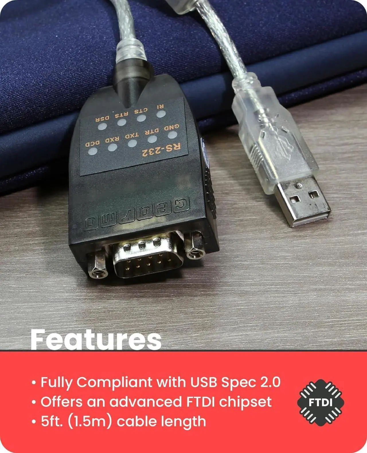 Alt view image 5 of 8 - Gearmo USB to RS-232 Serial Adapter w/ LED Indicators & Windows 11 Support
