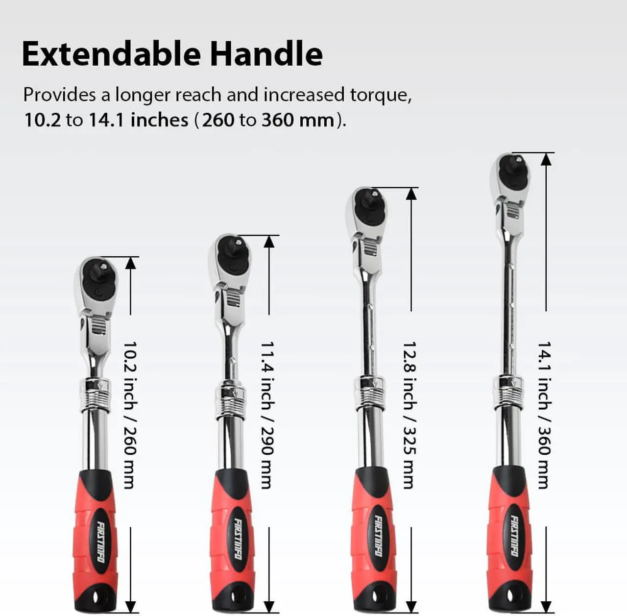 Alt view image 2 of 6 - FIRSTINFO 3/8-Inch Drive Locking & Flexible Extendable Ratchet Wrench Reversible, Soft-Grip with 72-Tooth Geared Action (Length: 10.2 to 14.1 inches)