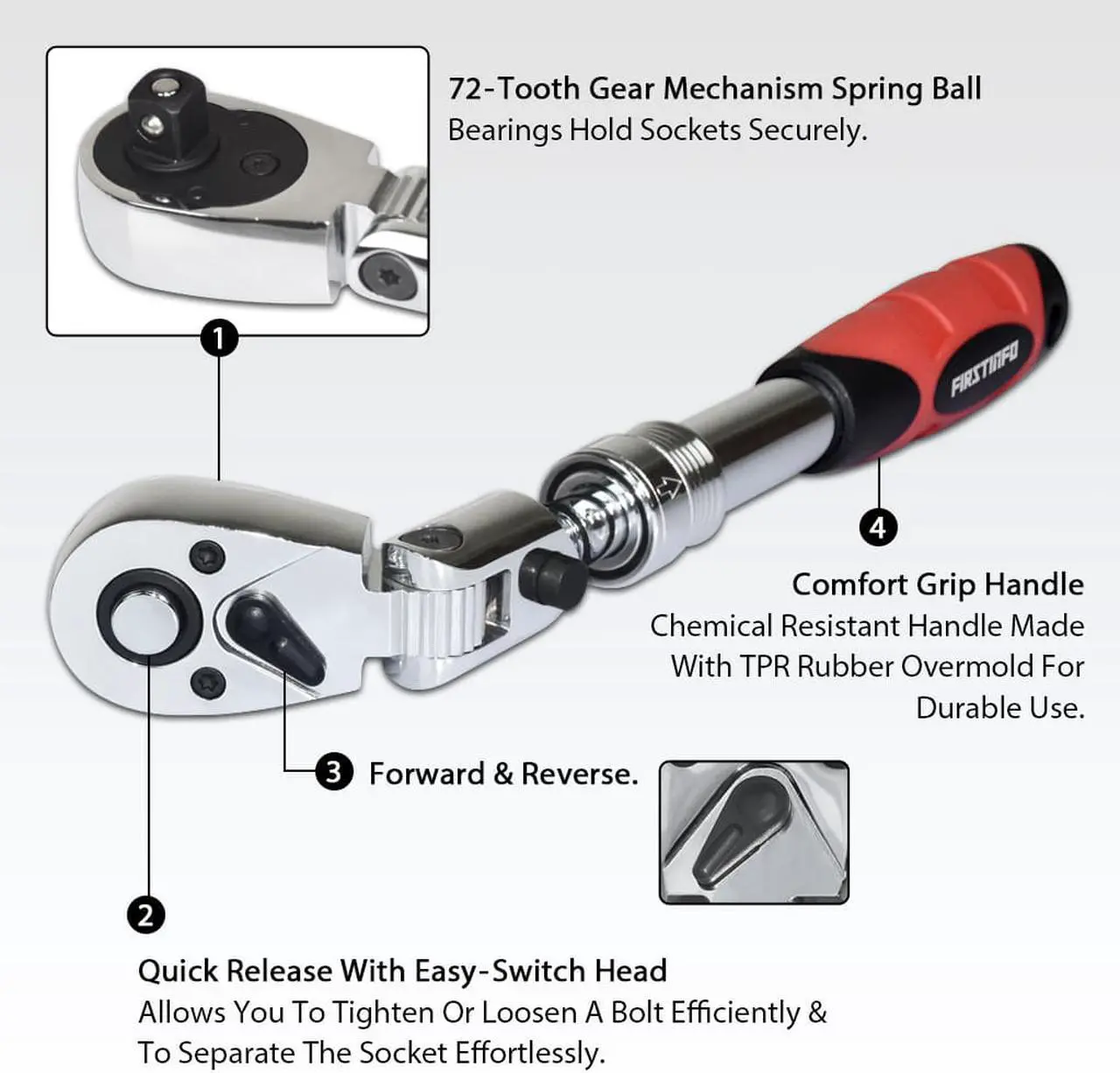 Alt view image 3 of 6 - FIRSTINFO 3/8-Inch Drive Locking & Flexible Extendable Ratchet Wrench Reversible, Soft-Grip with 72-Tooth Geared Action (Length: 10.2 to 14.1 inches)