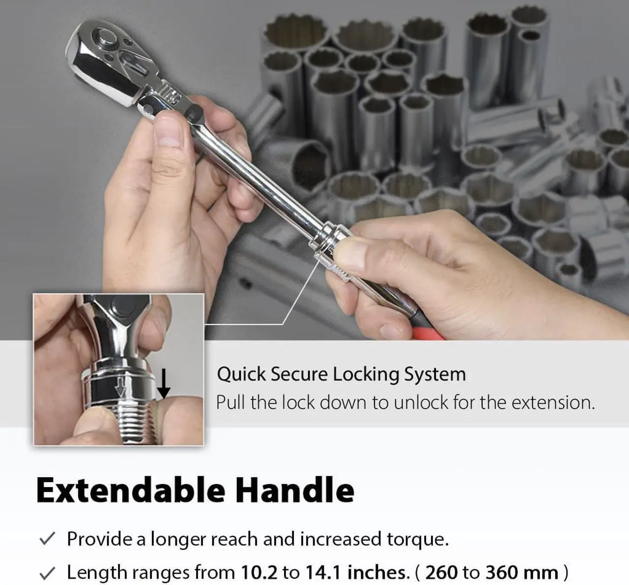 Alt view image 5 of 6 - FIRSTINFO 3/8-Inch Drive Locking & Flexible Extendable Ratchet Wrench Reversible, Soft-Grip with 72-Tooth Geared Action (Length: 10.2 to 14.1 inches)