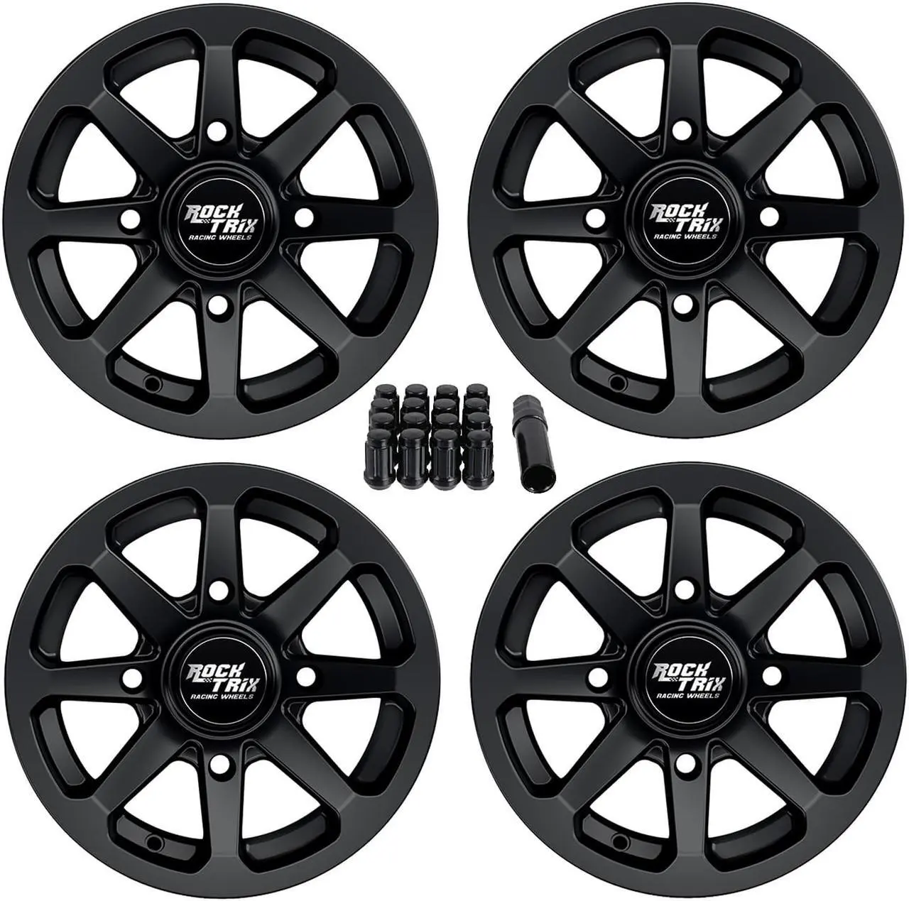 Main image of RockTrix RT102 12in ATV Wheels 4x156 Rims 12x7, 4+3 Offset, Includes 12x1.5 Spline Lug nuts, Compatible with 2014-2019 Polaris Sportsman RZR Ranger Crew UTV - 4/156 (Set of 4)