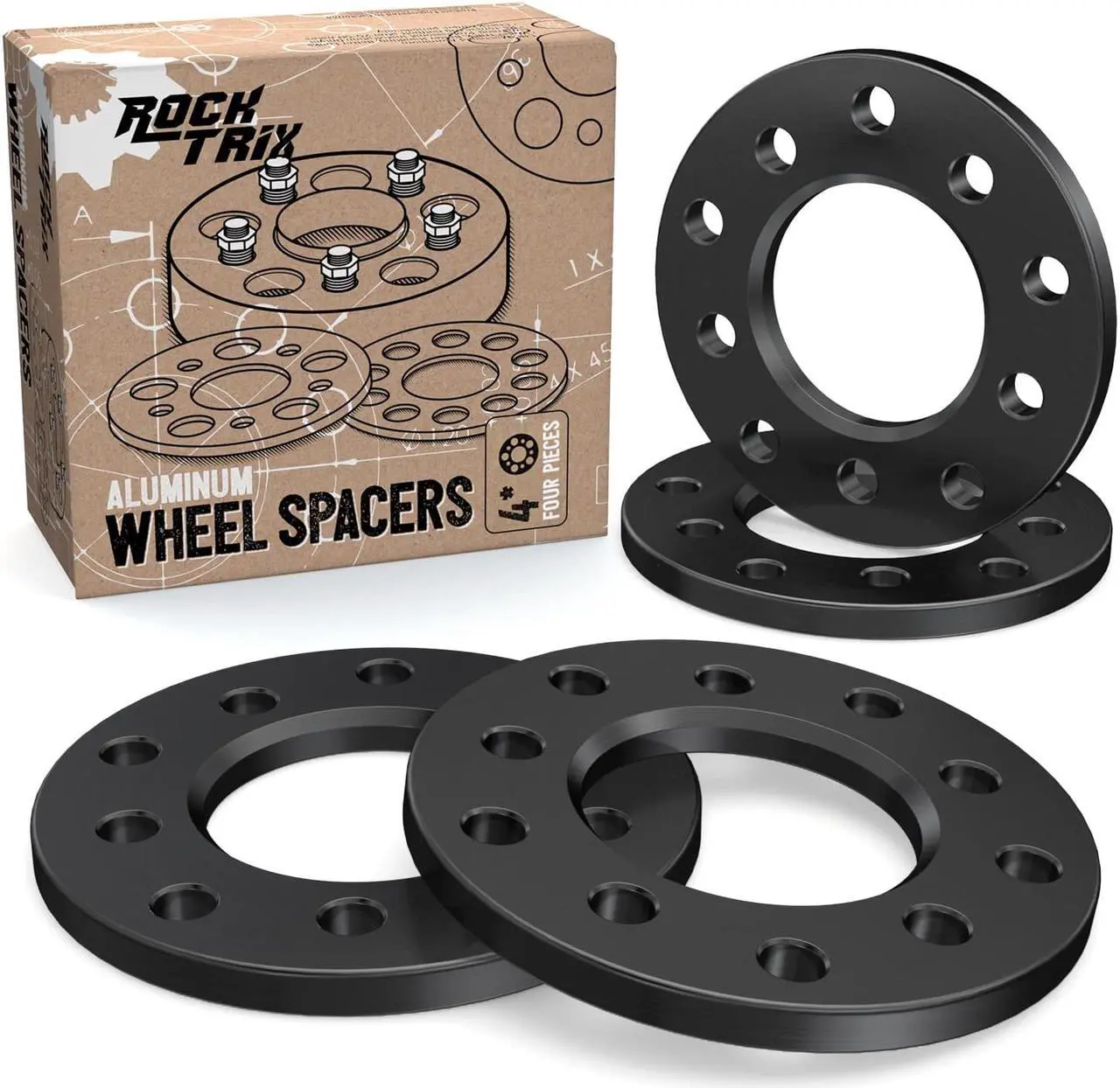 Main image of RockTrix 4pcs 1/2 inch 5x5 and 5x5.5 Black Wheel Spacers - Compatible with Dodge Ford Buick GMC Jeep Chevrolet Chrysler Lincoln (0.5 inch) 5x127 or 5x139.7