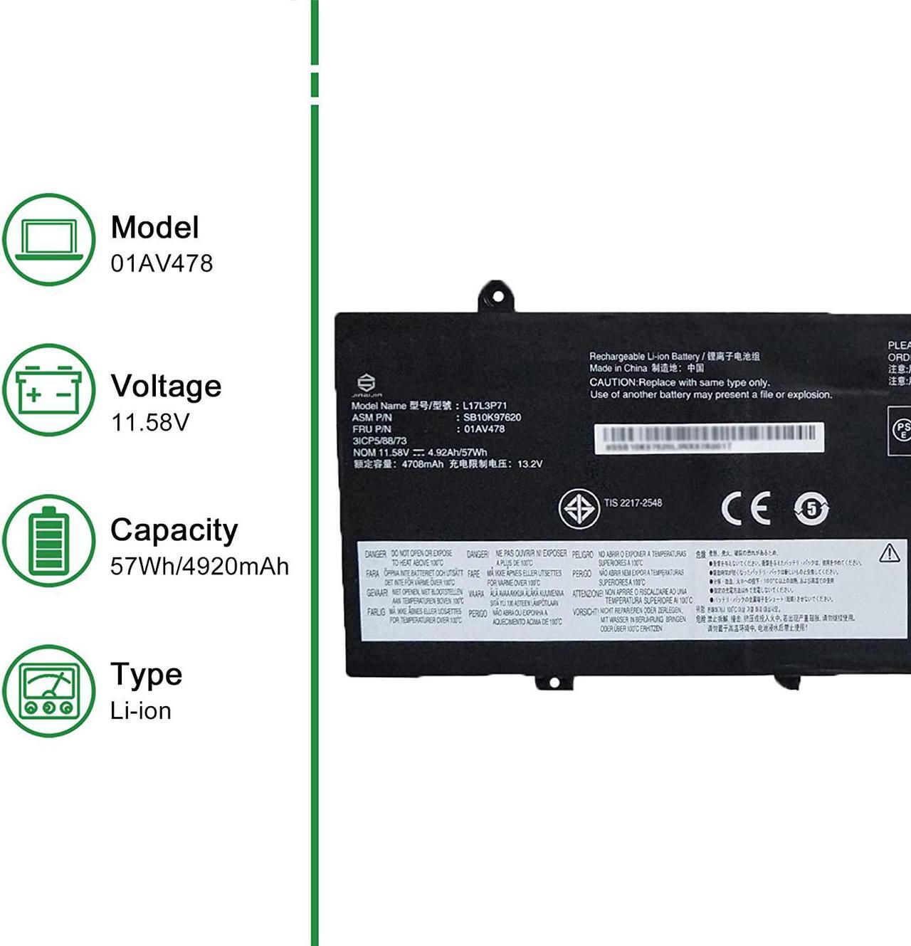 Alt view image 2 of 6 - JIAZIJIA 01AV478 L17L3P71 SB10K97620 01AV479 01AV480 Battery for Lenovo ThinkPad T480S Series L17M3P71 SB10K97621 L17M3P72 SB10K97622 Black 11.58V 57Wh 4920mAh