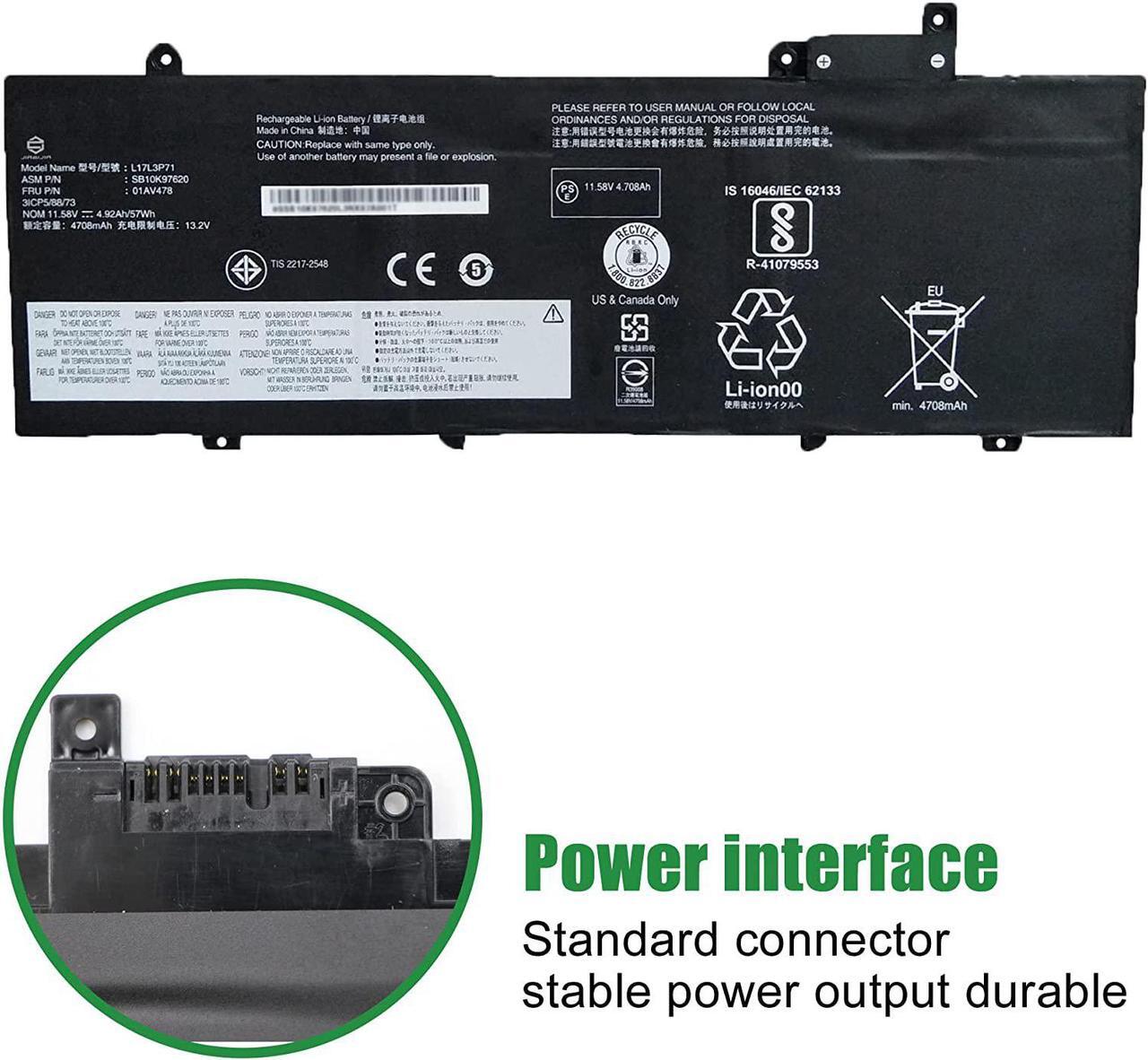 Alt view image 3 of 6 - JIAZIJIA 01AV478 L17L3P71 SB10K97620 01AV479 01AV480 Battery for Lenovo ThinkPad T480S Series L17M3P71 SB10K97621 L17M3P72 SB10K97622 Black 11.58V 57Wh 4920mAh