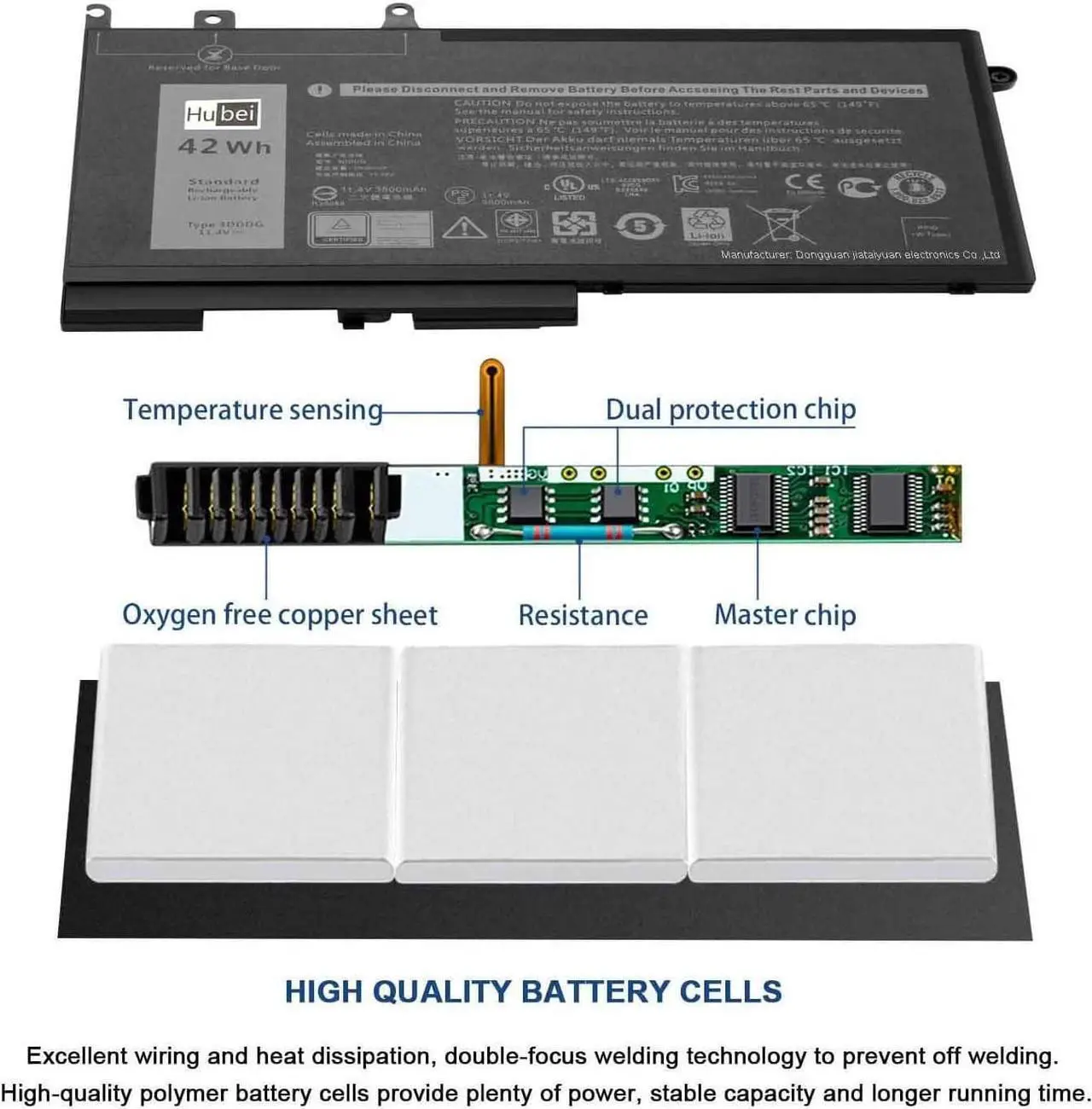 Alt view image 7 of 7 - Hubei 3DDDG 03VC9Y 45N3J 3VC9Y 451-BBZP GJKNX D4CMT 083XPC 83XPC 4YFVG Replacement Laptop Battery for DELL Latitude 15 3520 3530 M3520 12 5280 E5280 14 5480 E5480 15 5580 E5580 Series(11.4V 42Wh)