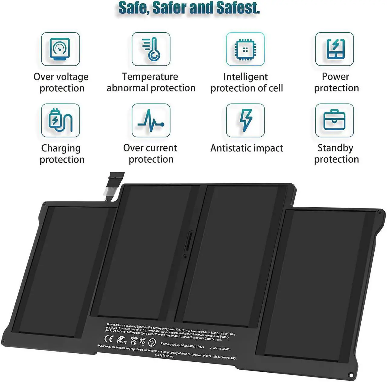Alt view image 2 of 6 - A1466 A1496 Battery for Apple MacBook Air 13 Inch [2010 2011 2012 2013 2014 2015 2016 2017 Years] A1369 A1405 A1377 High Capacity [7200mAh 55Wh 7.6V] New Upgraded Version
