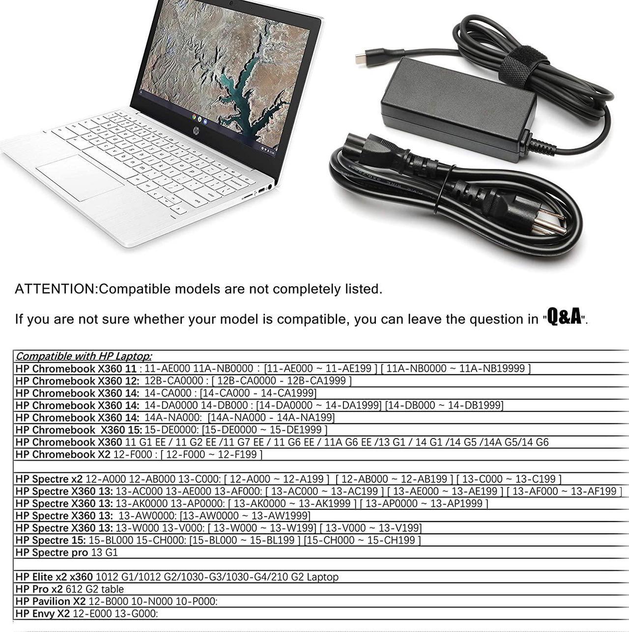 Alt view image 3 of 6 - 45W 65W Type C ?????? ?? ???????????????????? ?????????????? SM45CL SM65CL-01 ?SK90200325 for HP Chromebook X360 Laptop/ Thinkpad/Yoga  Chromebook 3100    Google Power Cord