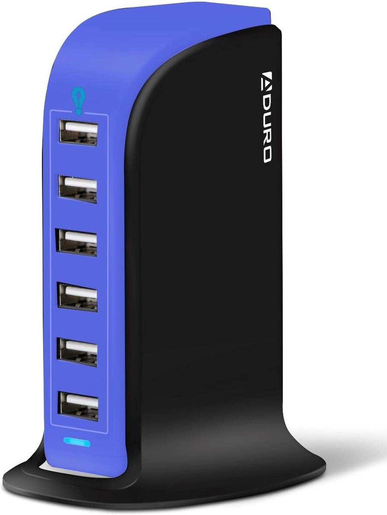 Aduro 40W 8A 6-Port USB Desktop Charging Station Hub Wall Charger for Tablets and Smartphones with Smart Flow Technology (Blue)