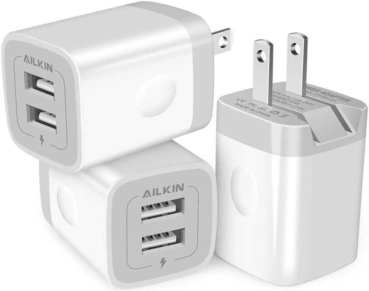 Main image of 3Pack Fast Charging Cubes, Foldable Dual Port Charger Block, AILKIN Fast USB Plug Power Adapter Fold up Box Base Brick for iPhone XR/XS Max/X iPad Samsung Galaxy Tablet Kindle Fire LG Pixel Xbox Blu