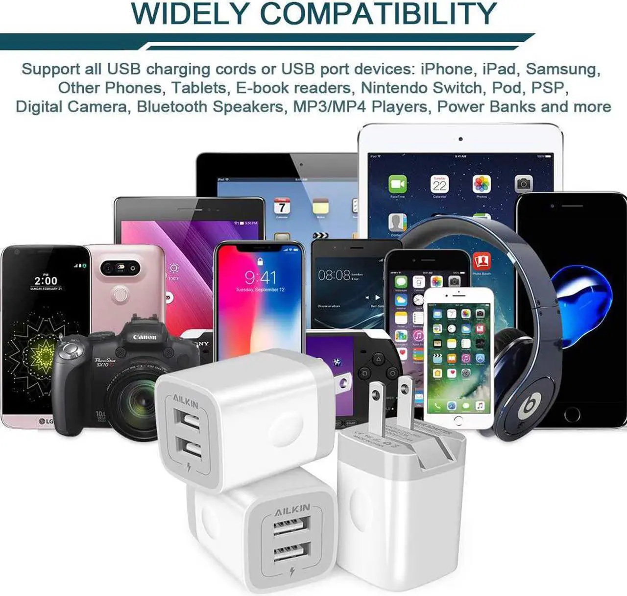 Alt view image 6 of 6 - 3Pack Fast Charging Cubes, Foldable Dual Port Charger Block, AILKIN Fast USB Plug Power Adapter Fold up Box Base Brick for iPhone XR/XS Max/X iPad Samsung Galaxy Tablet Kindle Fire LG Pixel Xbox Blu