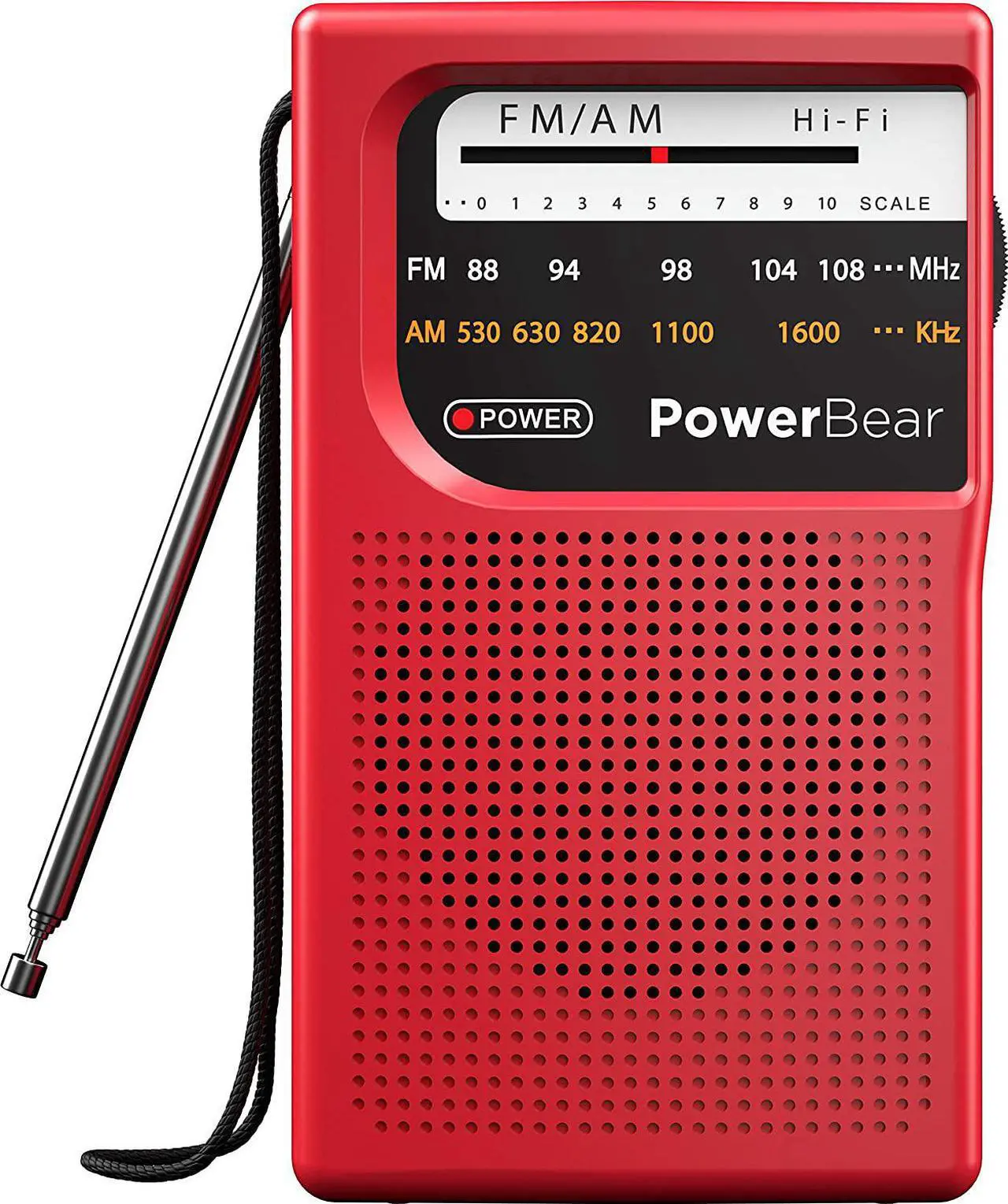 Main image of PowerBear Portable Radio | AM/FM, 2AA Battery Operated with Long Range Reception for Indoor, Outdoor & Emergency Use | Radio with Speaker & Headphone Jack (Red)