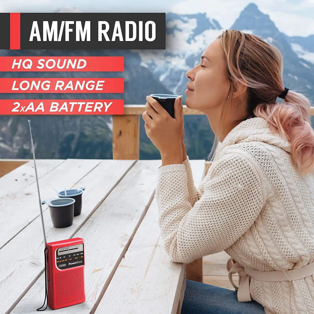 Alt view image 2 of 6 - PowerBear Portable Radio | AM/FM, 2AA Battery Operated with Long Range Reception for Indoor, Outdoor & Emergency Use | Radio with Speaker & Headphone Jack (Red)