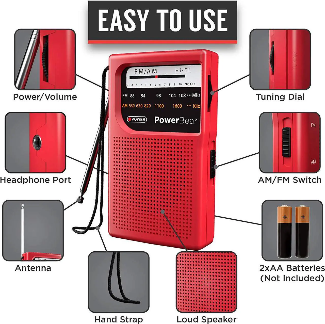 Alt view image 3 of 6 - PowerBear Portable Radio | AM/FM, 2AA Battery Operated with Long Range Reception for Indoor, Outdoor & Emergency Use | Radio with Speaker & Headphone Jack (Red)
