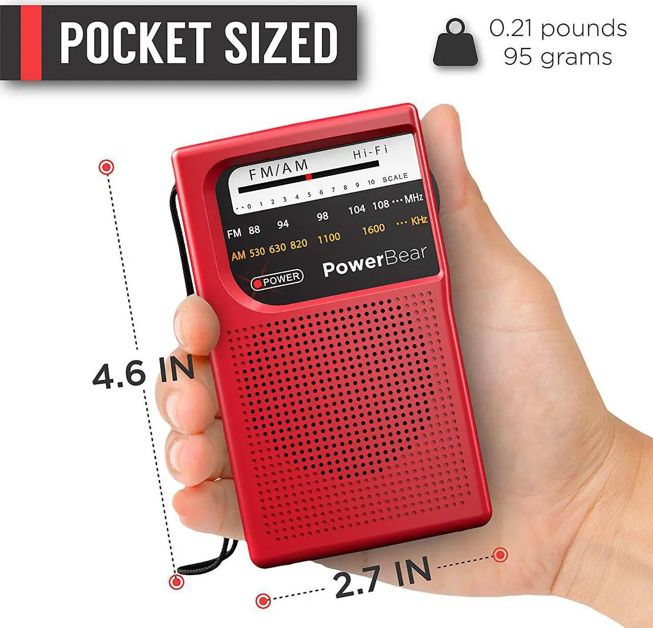 Alt view image 5 of 6 - PowerBear Portable Radio | AM/FM, 2AA Battery Operated with Long Range Reception for Indoor, Outdoor & Emergency Use | Radio with Speaker & Headphone Jack (Red)