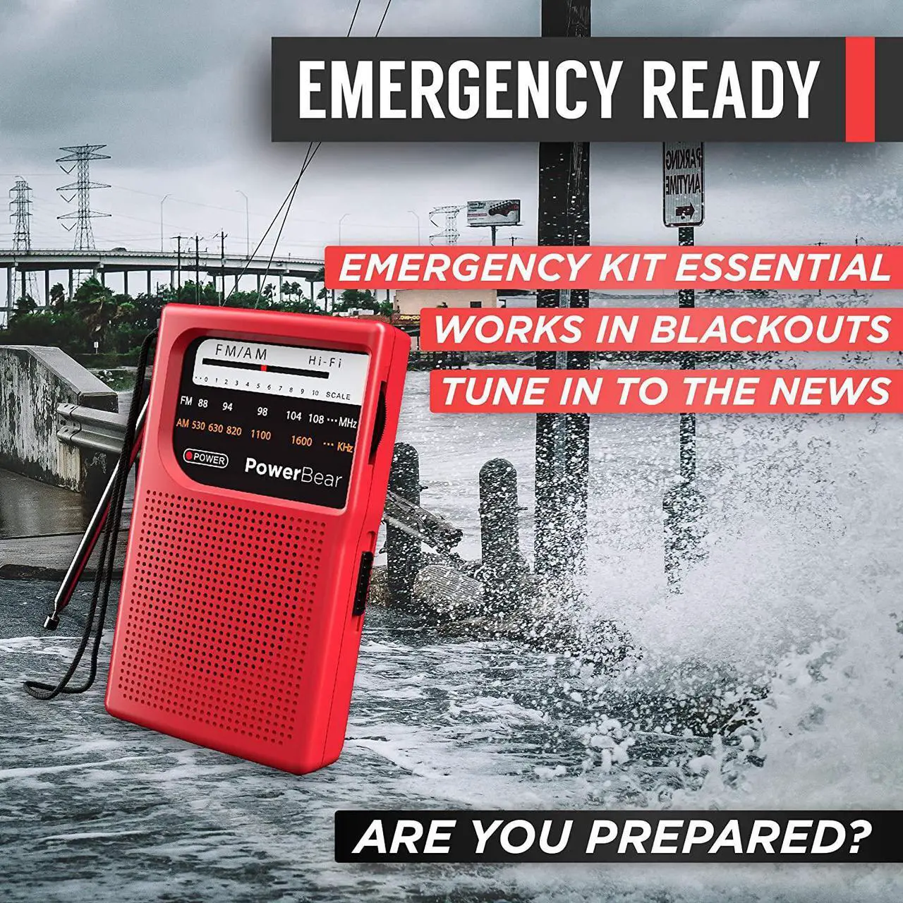 Alt view image 6 of 6 - PowerBear Portable Radio | AM/FM, 2AA Battery Operated with Long Range Reception for Indoor, Outdoor & Emergency Use | Radio with Speaker & Headphone Jack (Red)