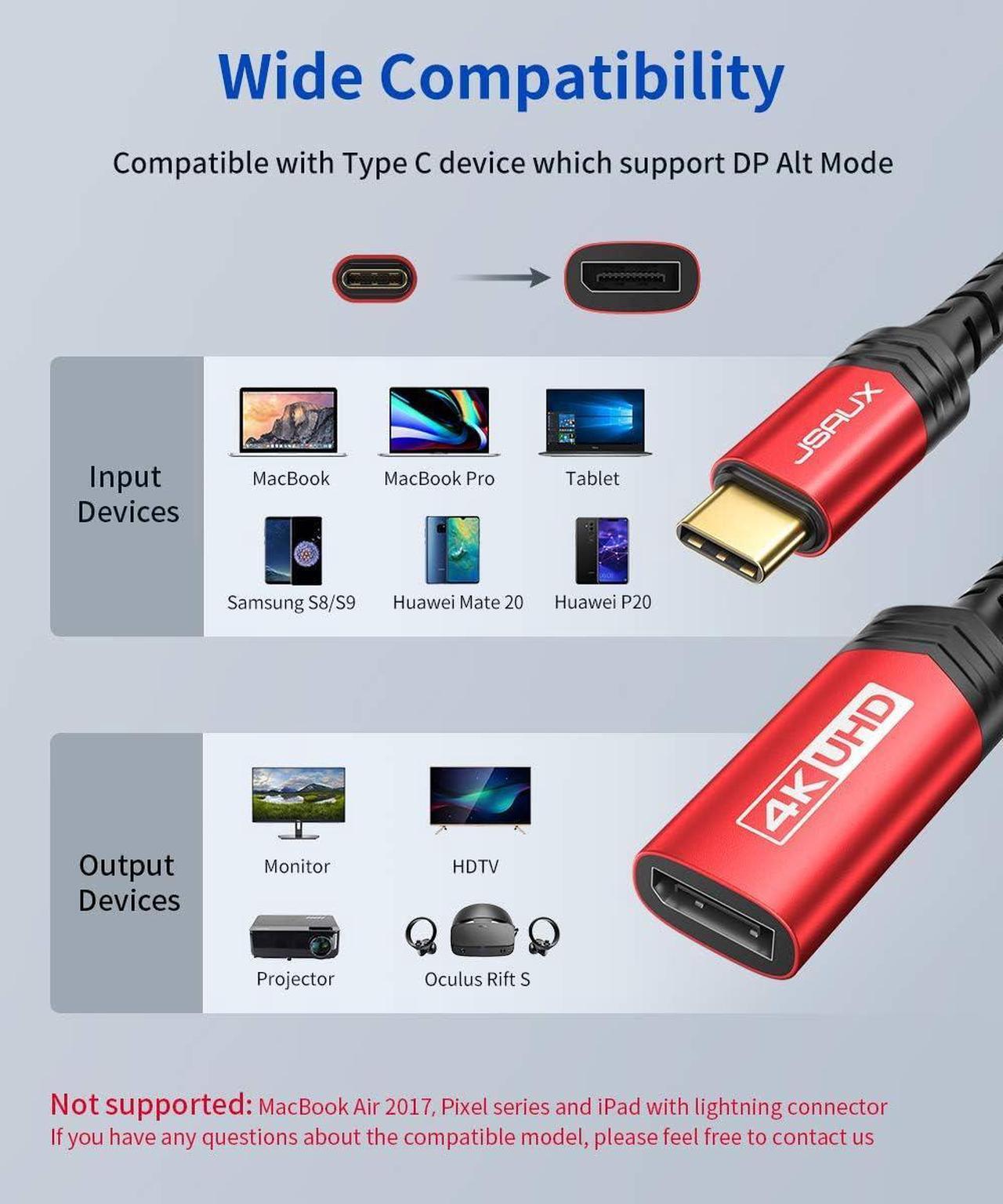 Alt view image 7 of 7 - USB Type C to DisplayPort Adapter 4K@60Hz C to Display Port Cable Compatible with MacBook Pro 2019 2018 Surface Book  XPS  Galaxy S21 S20 Note 20-Red