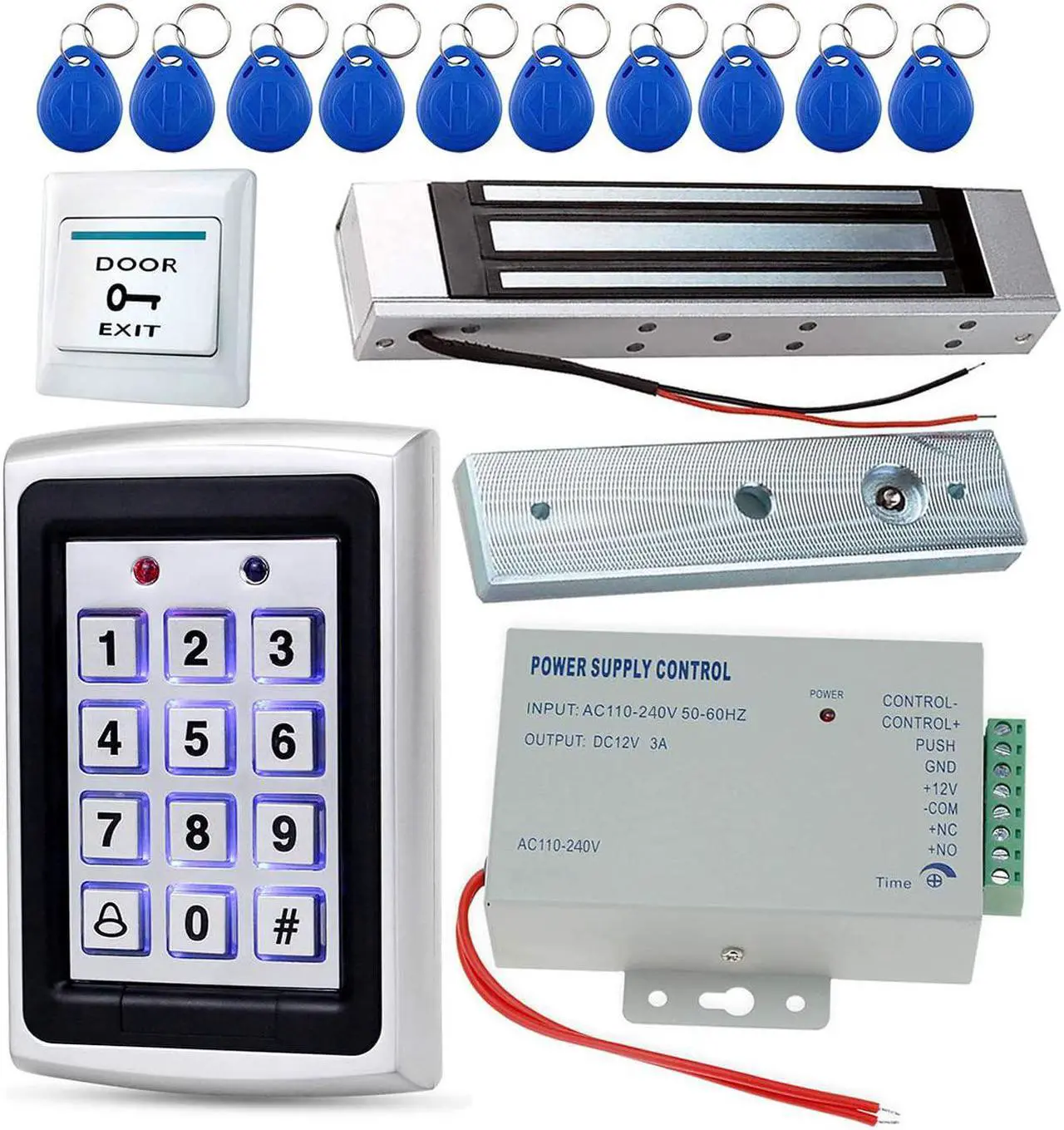Main image of LEXI Complete Electric Door Lock Set, Metal Case RFID Keypad + 180KG/380lbs Magnetic Door Lock with Power Supply, Exit Button and 10pcs RFID Key fobs, for Wooden Door Metal Door Lock Glass Door