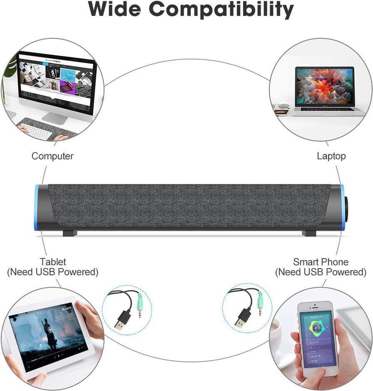 Alt view image 4 of 7 - SOULION R30 Computer Speakers, USB Powered 3.5mm AUX Small PC Speakers, Colorful LED Lights with Switch Button, Surround Sound Portable Computer Sound Bar Speaker for Desktop Laptop Gray