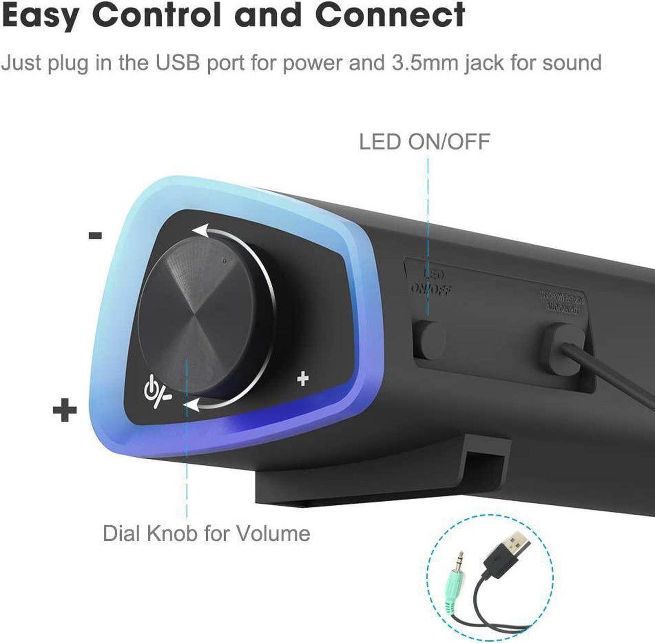 Alt view image 3 of 7 - SOULION R30 Computer Speakers, USB Powered 3.5mm AUX Small PC Speakers, Colorful LED Lights with Switch Button, Surround Sound Portable Computer Sound Bar Speaker for Desktop Laptop Gray