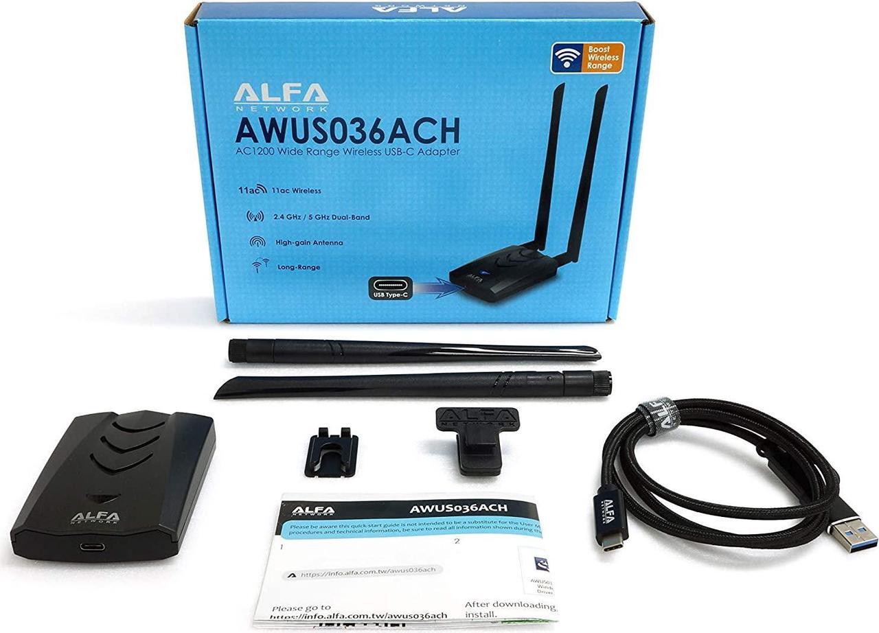 Alt view image 2 of 4 - New Version Type-C WiFi USB ALFA AWUS036ACH Type-C Long-Range Dual-Band AC1200 Wireless USB Wi-Fi Adapter w/2x 5dBi External Antennas  2.4GHz 300Mbps/5GHz 867Mbps  802.11ac & A, B, G, N