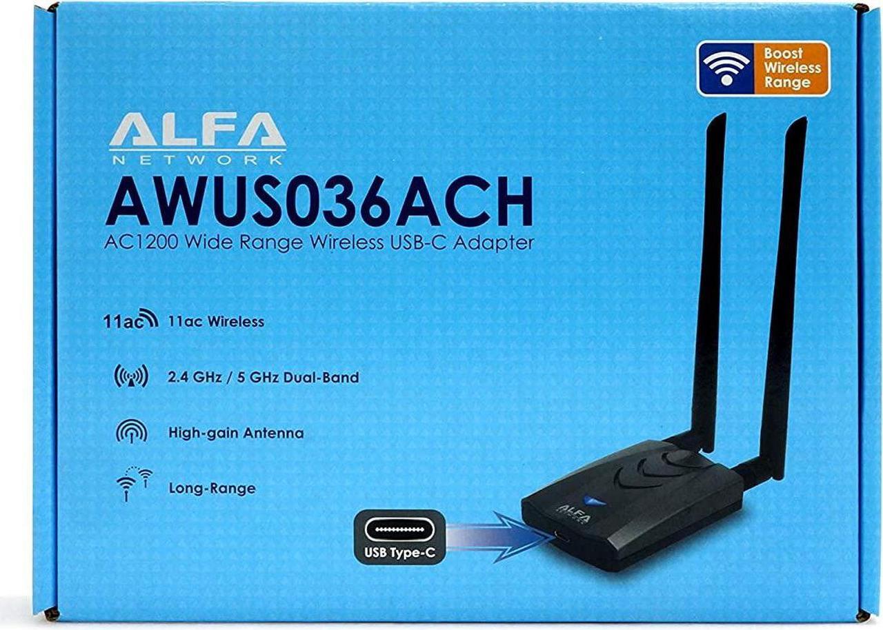 Alt view image 3 of 4 - New Version Type-C WiFi USB ALFA AWUS036ACH Type-C Long-Range Dual-Band AC1200 Wireless USB Wi-Fi Adapter w/2x 5dBi External Antennas  2.4GHz 300Mbps/5GHz 867Mbps  802.11ac & A, B, G, N
