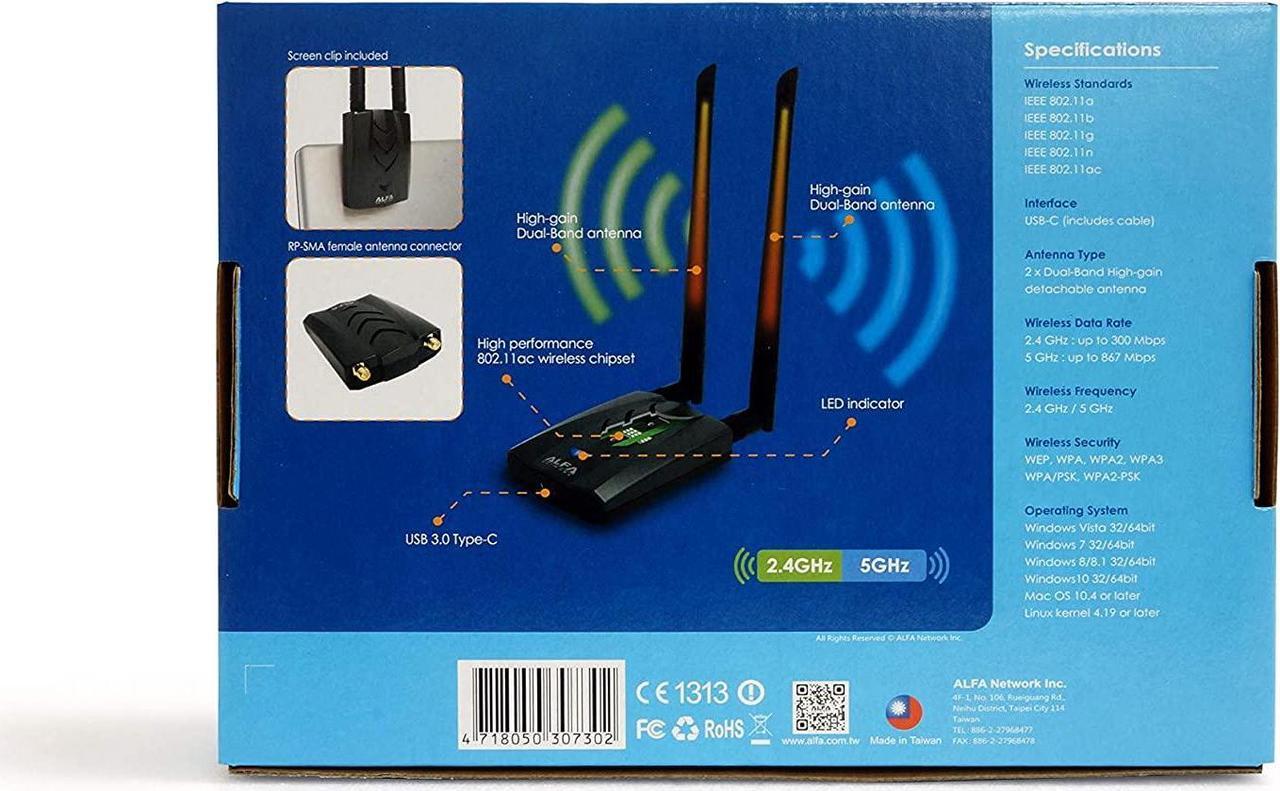 Alt view image 4 of 4 - New Version Type-C WiFi USB ALFA AWUS036ACH Type-C Long-Range Dual-Band AC1200 Wireless USB Wi-Fi Adapter w/2x 5dBi External Antennas  2.4GHz 300Mbps/5GHz 867Mbps  802.11ac & A, B, G, N