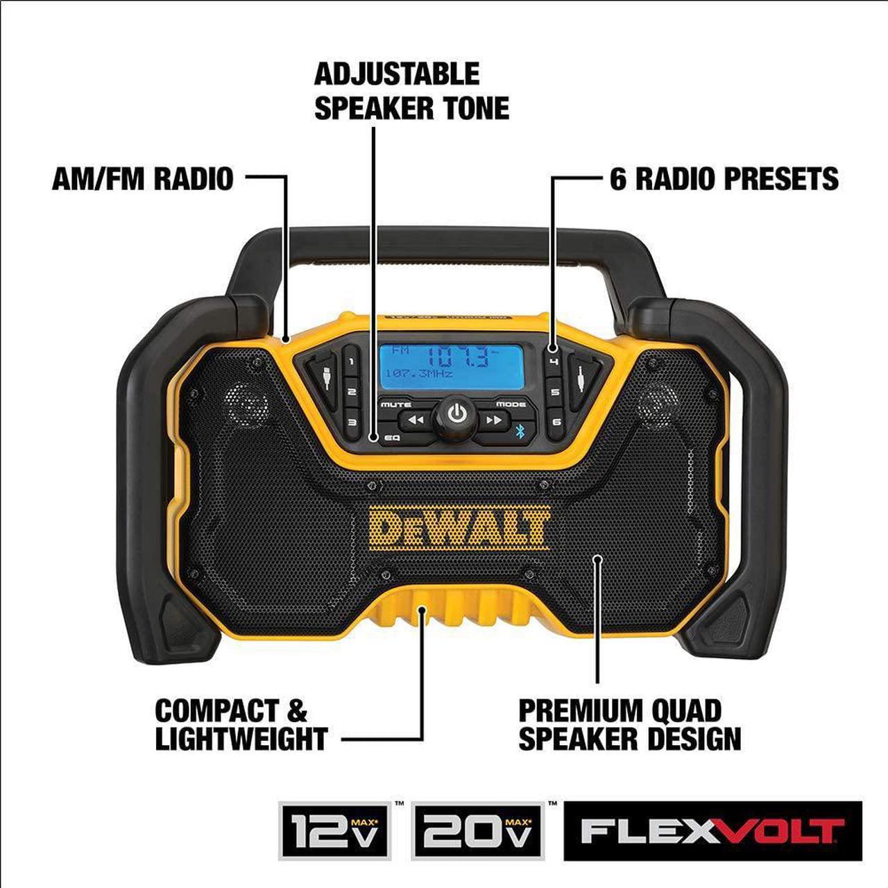 Alt view image 2 of 7 - DEWALT 12V/20V MAX Portable Bluetooth Radio, Cordless, 100 ft Range, 3.5 Subwoofers, Jobsite (DCR028B)