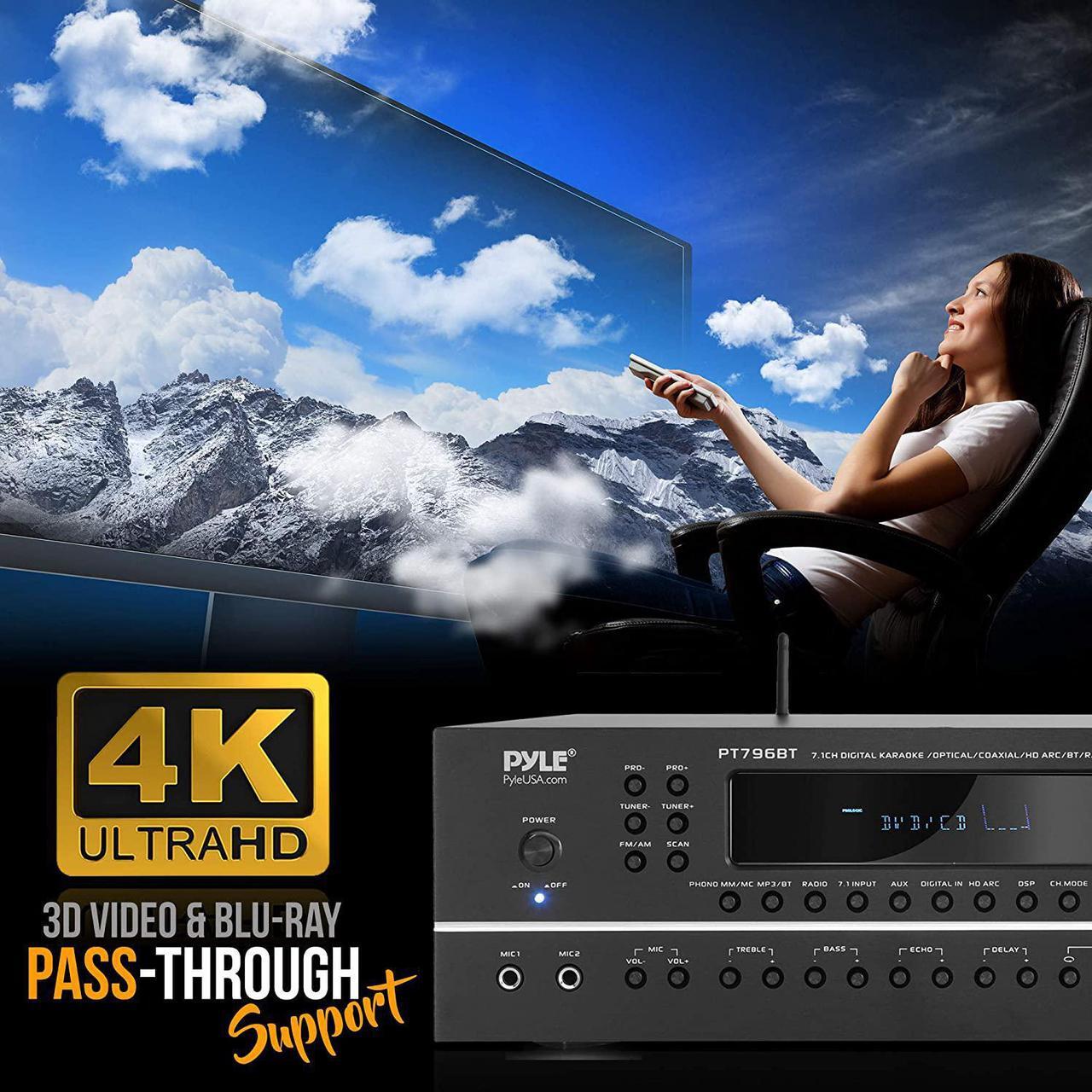 Alt view image 5 of 7 - Pyle 7.1-Channel Hi-Fi Bluetooth Stereo Amplifier - 2000 Watt AV Home Theater Speaker Subwoofer Surround Sound Receiver w/ Radio, USB, RCA, HDMI, MIC IN, Supports 4K UHD TV, 3D, Blu-Ray - PT796BT