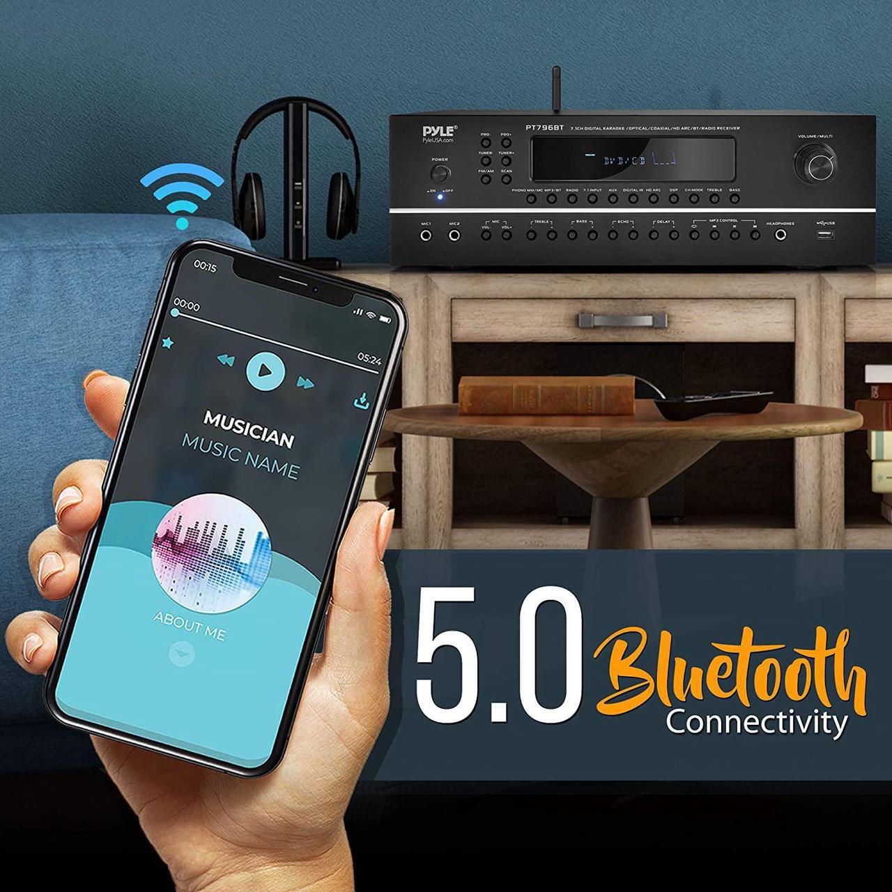 Alt view image 4 of 7 - Pyle 7.1-Channel Hi-Fi Bluetooth Stereo Amplifier - 2000 Watt AV Home Theater Speaker Subwoofer Surround Sound Receiver w/ Radio, USB, RCA, HDMI, MIC IN, Supports 4K UHD TV, 3D, Blu-Ray - PT796BT