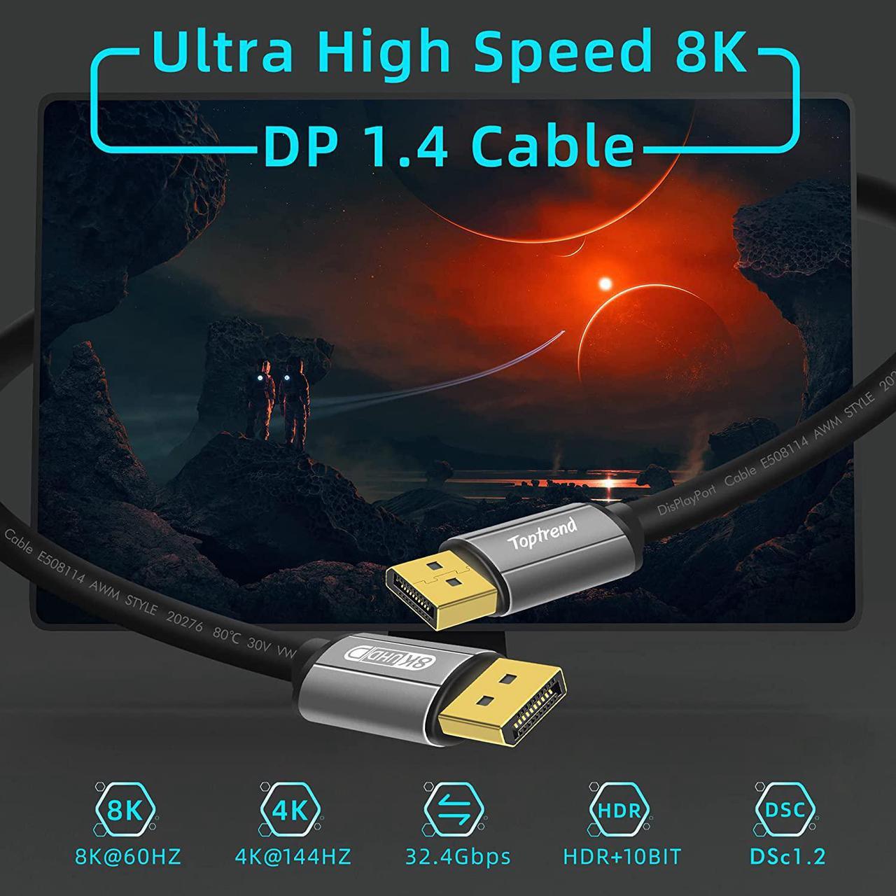 Alt view image 2 of 7 - Displayport Cable 6ft 8K DP [Display Port] Cable 1.4 Supports to 8K 60Hz 4K 144Hz 1080p 240Hz HBR3 32.4Gbps HDR HDCP 2.2 G-sync and Freesync on The Gaming Monitor HDTV Laptop etc