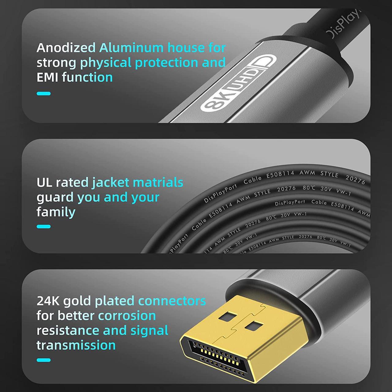 Alt view image 5 of 7 - Displayport Cable 6ft 8K DP [Display Port] Cable 1.4 Supports to 8K 60Hz 4K 144Hz 1080p 240Hz HBR3 32.4Gbps HDR HDCP 2.2 G-sync and Freesync on The Gaming Monitor HDTV Laptop etc