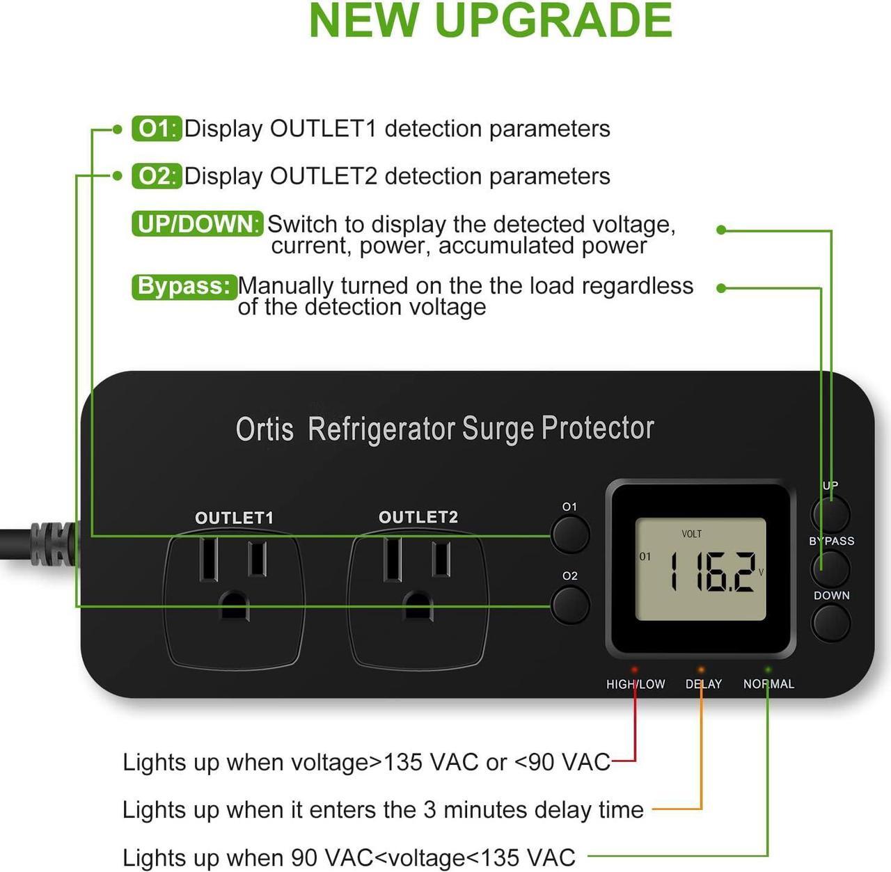 Alt view image 3 of 7 - Refrigerator Surge Protector, Ortis Double Outlet Electronic Surge Protector for Home Appliances with Time Delay & Real-Time Electricity Usage Monitor, Protects All Voltage Abnormalities