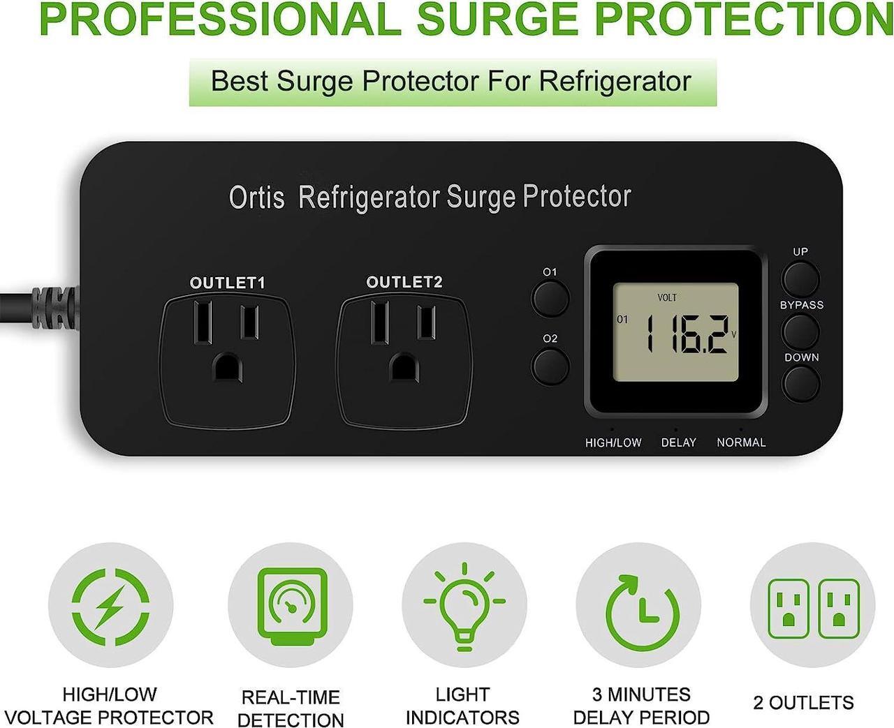 Alt view image 2 of 7 - Refrigerator Surge Protector, Ortis Double Outlet Electronic Surge Protector for Home Appliances with Time Delay & Real-Time Electricity Usage Monitor, Protects All Voltage Abnormalities