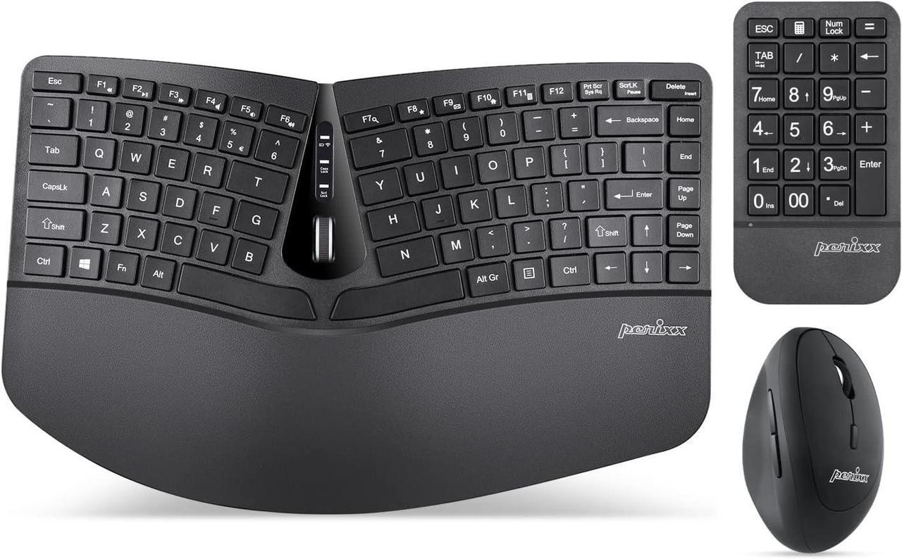 Perixx PERIDUO-606A, 3-in-1 Wireless Compact Ergonomic Keyboard with Vertical Mouse and Numeric Keypad - Adjustable Palm Rest - Tilt Wheel - Membrane Low Profile Keys - US English