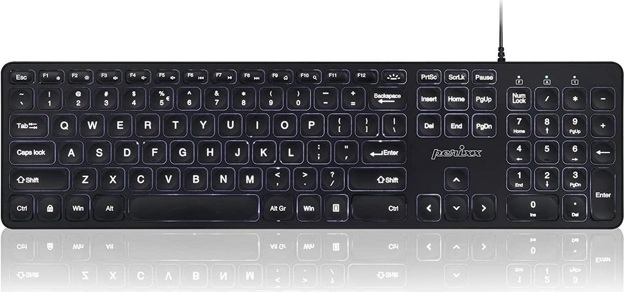 Perixx PERIBOARD-331 Wired Backlit USB Keyboard, Slim Design with Big Font Keys, White Illuminated LED, US English Layout