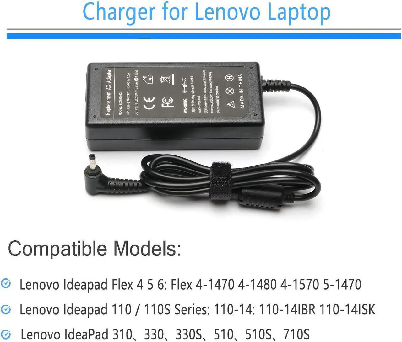 Alt view image 4 of 6 - 65W AC Adapter Laptop Wall Charger for Lenovo IdeaPad Flex 4 5 6 1470 1480 1570 1580 Lenovo Ideapad 110 110s 310 320 330 330s 510 520 530s 710sYOGA 710 510 Laptops Power Supply Cord