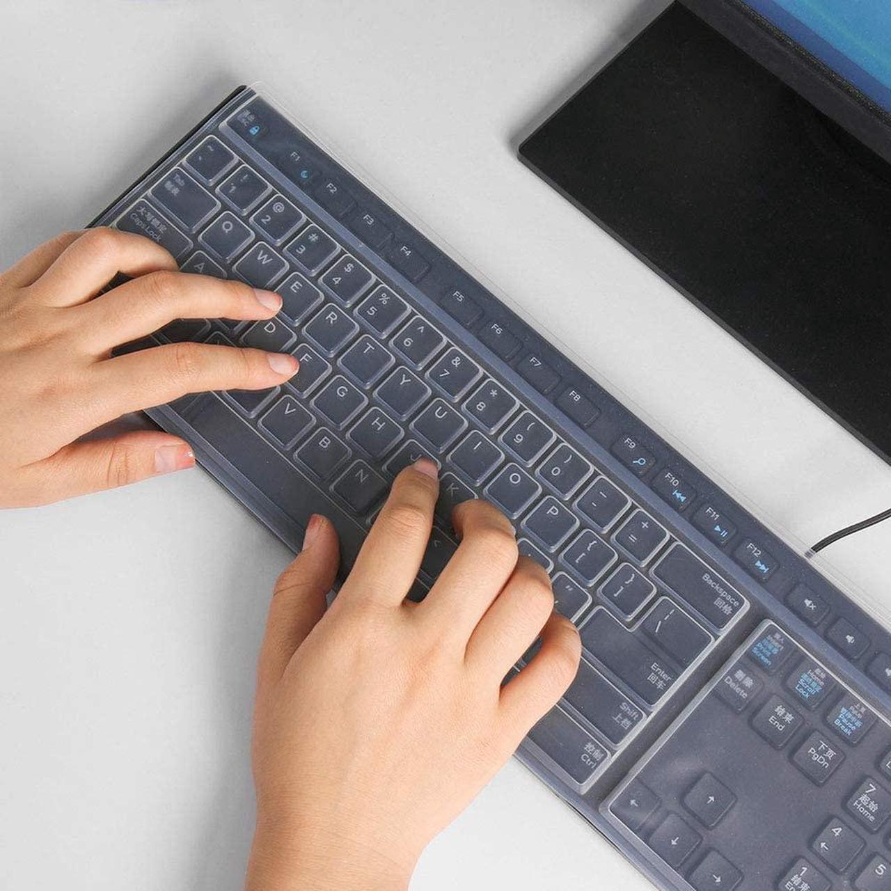 Alt view image 4 of 7 - Reusable Waterproof Keyboard Covers, Universal Clear Keyboard Skin Protector Dust Cover for 104/108 Keys Standard Desktop Keyboard (10 Pack)