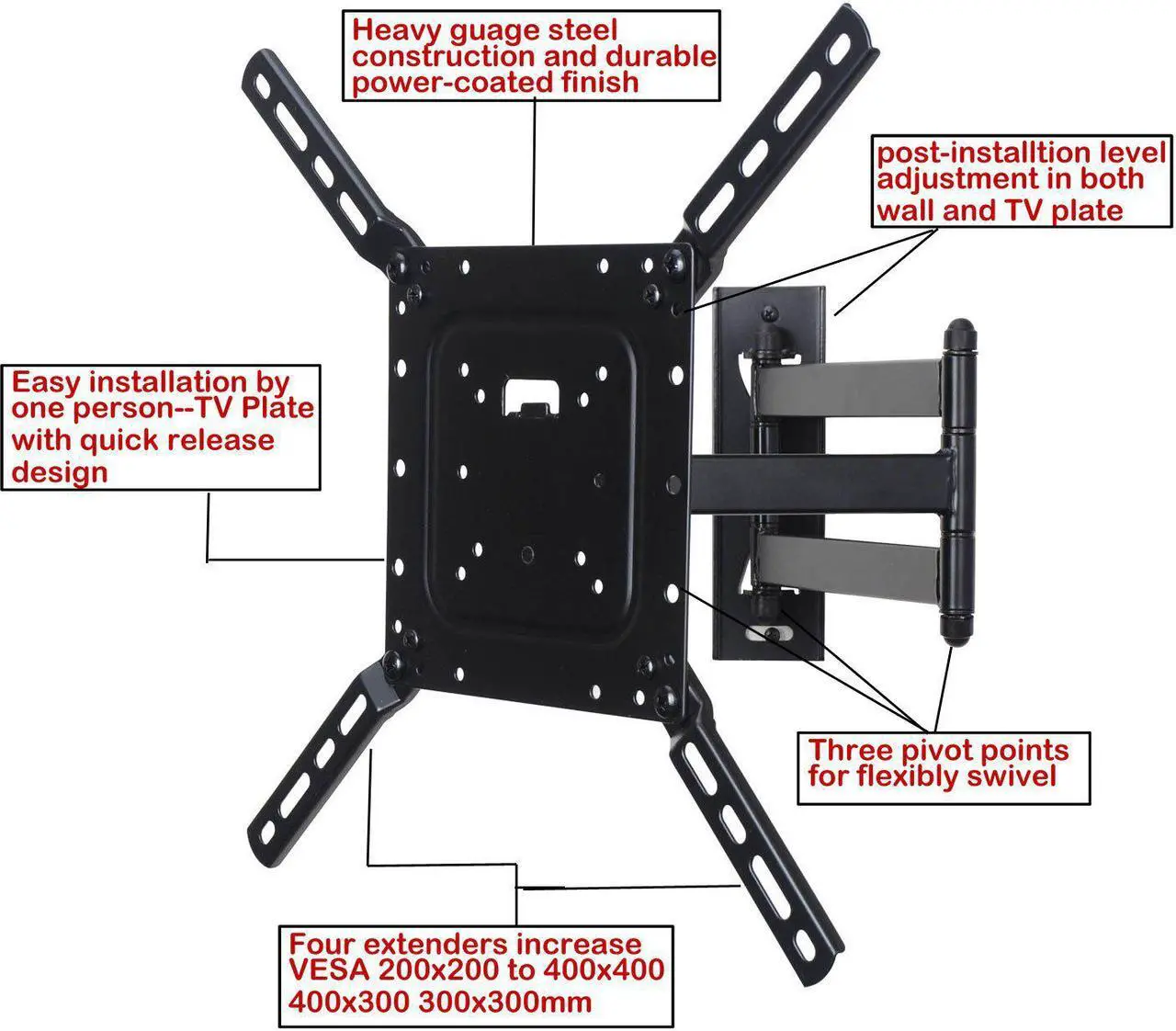 Alt view image 5 of 6 - VideoSecu Full Motion Tilt Swivel TV Wall Mount for 22-50" LCD LED Insignia NS-43D420NA16 NS-48D420NA16 NS-48DR420NA16 JVC LT-43EM75 LT-49EM75 SEIKI SE43FK CB6