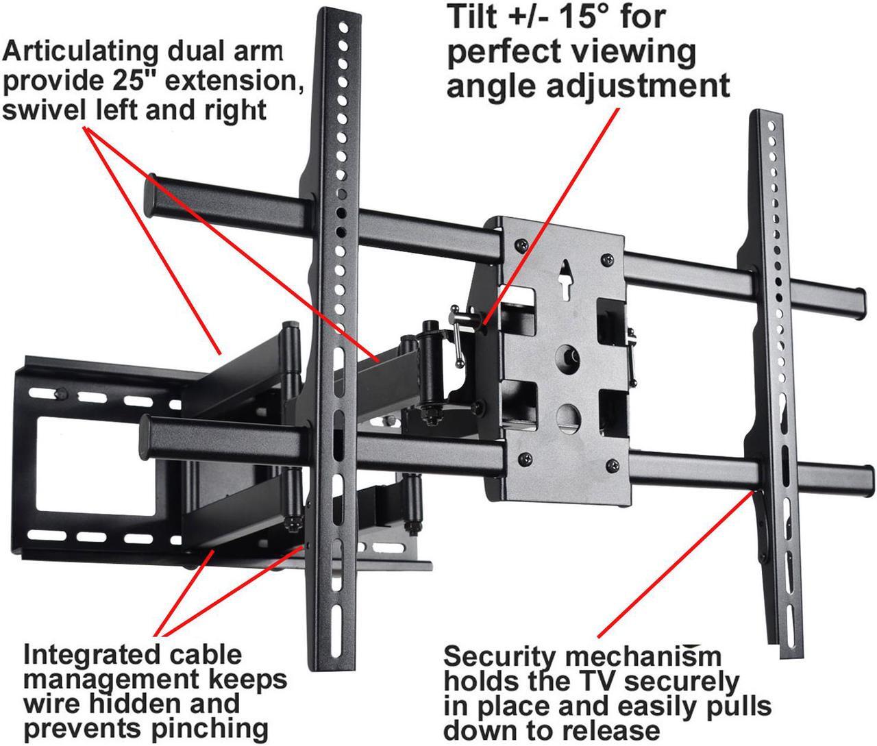 Alt view image 2 of 7 - VideoSecu Tilt Swivel Articulating Dual Arm Full Motion TV Wall Mount Bracket for most 40-70" LCD LED Plasma 3D HDTV with loading 165lbs, Max VESA 684x400mm/ Cable Management/ Free 10ft HDMI Cable A37