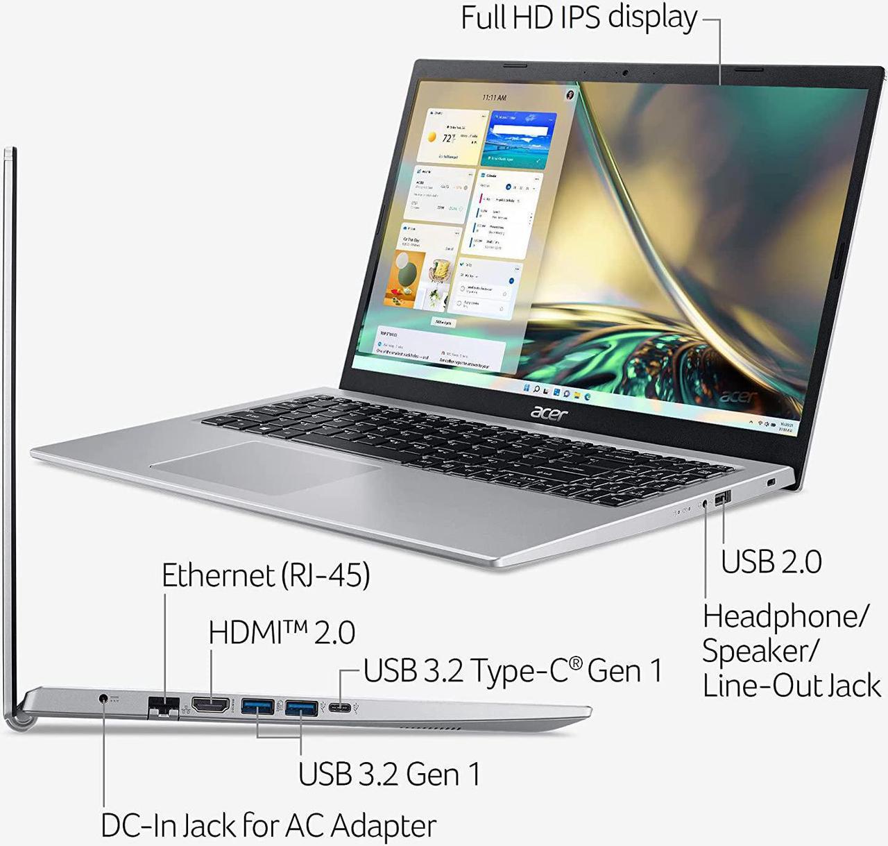 Alt view image 5 of 5 - Acer Aspire 5 Slim Laptop, 15.6" FHD IPS Micro-Edge Display, 11th Gen Core i3-1115G4, 8GB DDR4 RAM, 256 PCIe SSD, USB-C, HDMI, RJ45, WiFi 6, Keypad, 1-Year MS 365, Mytrix HDMI Cable, Silver, Win 11