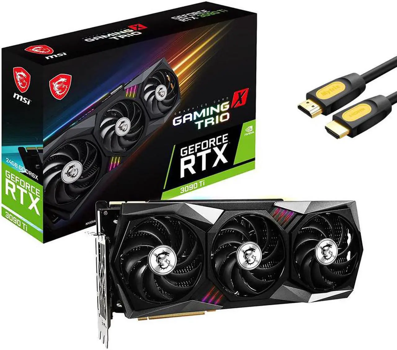 Main image of MSI Gaming GeForce RTX 3090 Ti Gaming X Trio OC Graphics Card 24GB GDRR6X 384-Bit Tri-Frozr Ampere Architecture 1x HDMI 2.1 3x DisplayPort 1.4a w/ MT HDMI Cable