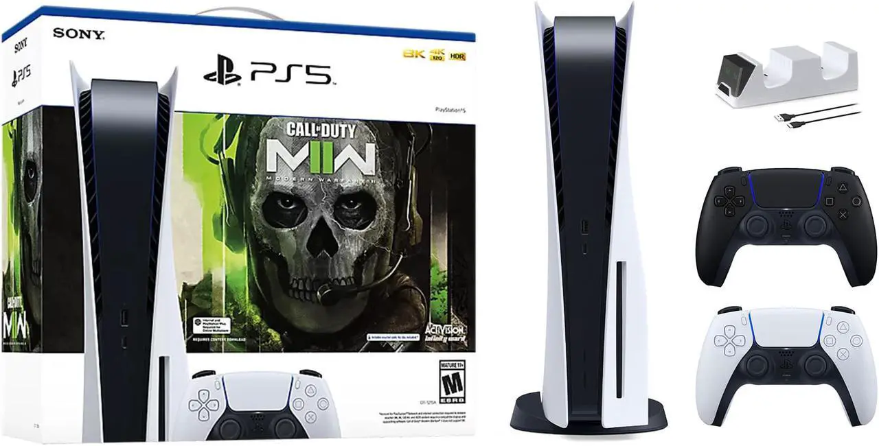 Main image of PlayStation 5 Disc Edition Call of Duty Modern Warfare II Bundle with Two Controllers White and Midnight Black DualSense and Mytrix Dual Controller Charger