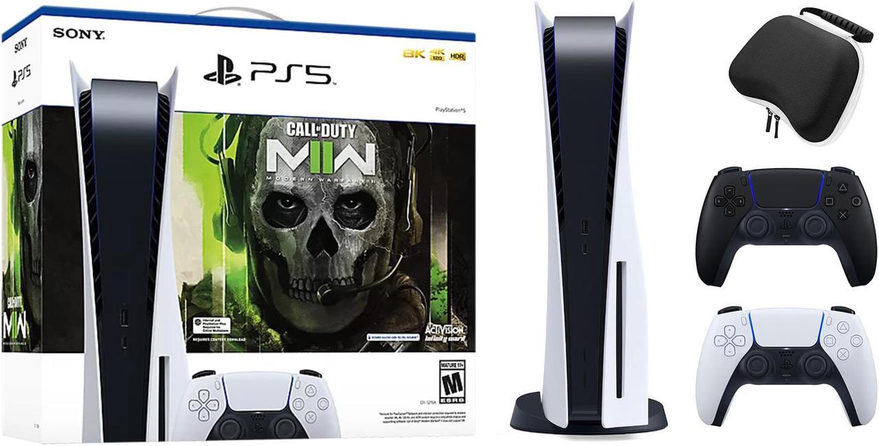 Main image of PlayStation 5 Disc Edition Call of Duty Modern Warfare II Bundle with Two Controllers White and Midnight Black DualSense and Mytrix Hard Shell Protective Controller Case
