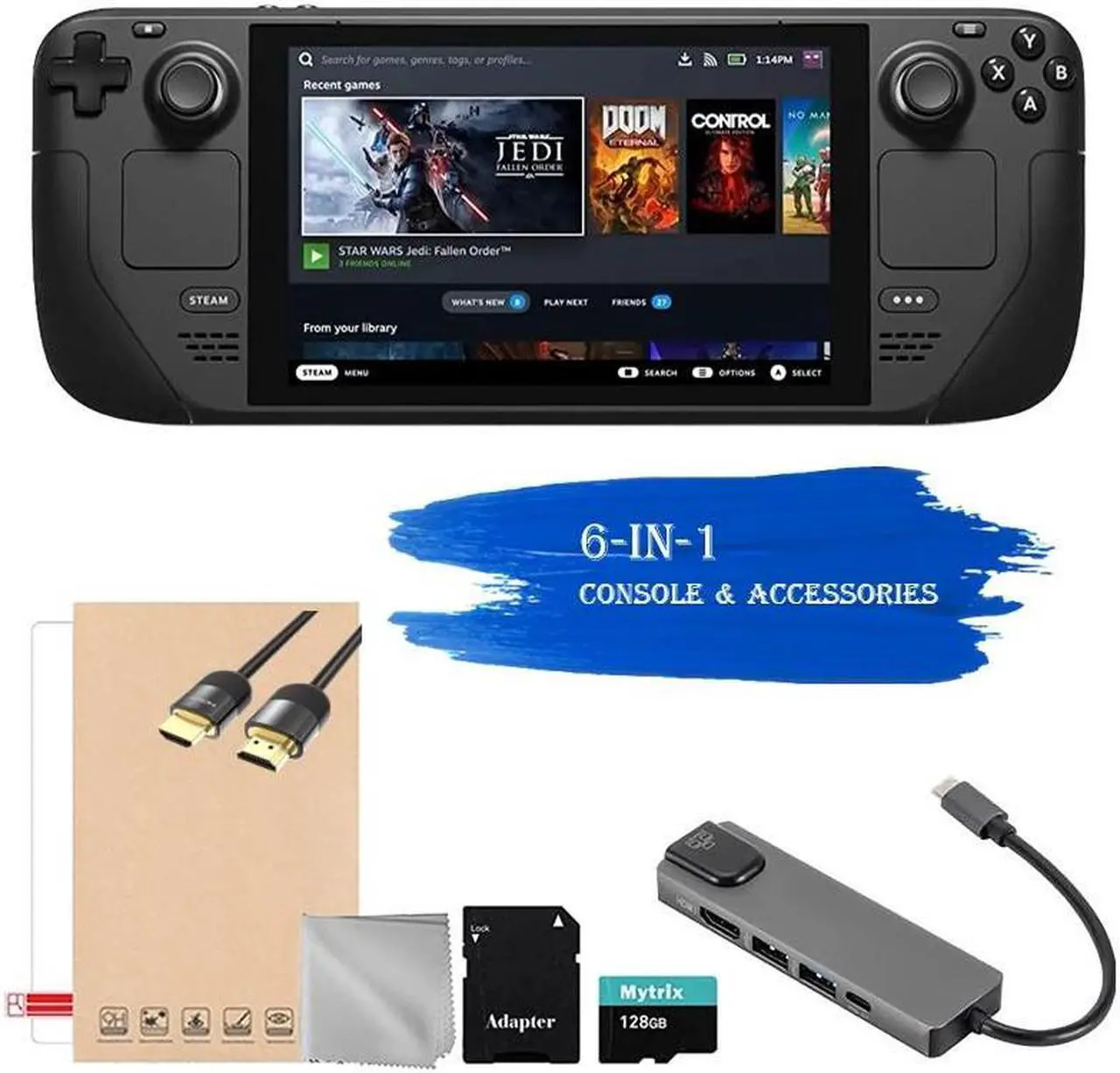 Main image of Valve Steam Deck 256GB Handheld Console, 7-inch Touchscreen Display, 1280x800 Resolution, Ergonomic Design, Mytrix Hub, 128GB MicroSD Card, HDMI Cable, Lens Cloth, Screen Protector, 6 in 1 Bundle
