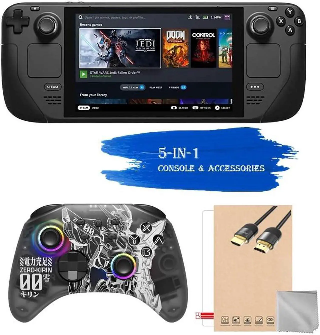 Main image of 2023 Valve Steam Deck 256GB Handheld Console, 7-inch Touchscreen Display, 1280x800 Resolution, Ergonomic Design, Mytrix Zero-Kirin Wireless Pro Controller, HDMI Cable, 4 Accessories: 5 in 1 Bundle