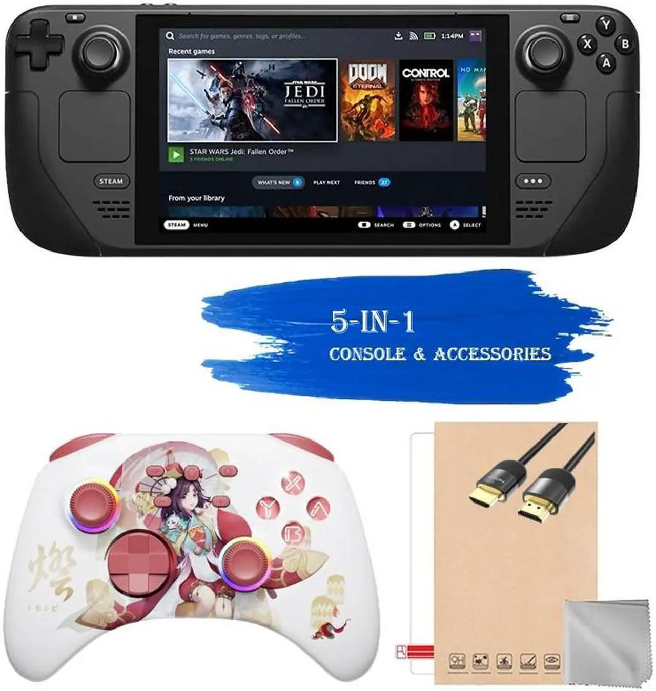 Main image of 2023 Valve Steam Deck 256GB Handheld Console, 7-inch Touchscreen Display, 1280x800 Resolution, Ergonomic Design, Mytrix Touro Wireless Pro Controller, HDMI Cable, 4 Accessories: 5 in 1 Bundle