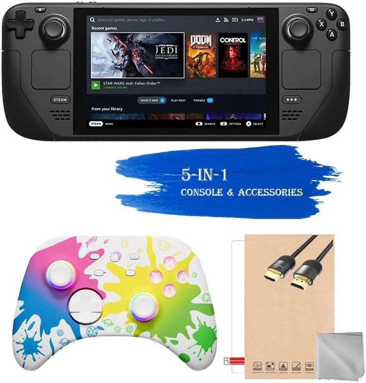 Main image of 2023 Valve Steam Deck 256GB Handheld Console, 7-inch Touchscreen Display, 1280x800 Resolution, Ergonomic Design, Mytrix Inkjet Wireless Pro Controller, HDMI Cable, 4 Accessories: 5 in 1 Bundle